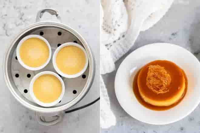 hấp bánh flan làm từ 10 lòng đỏ trứng gà