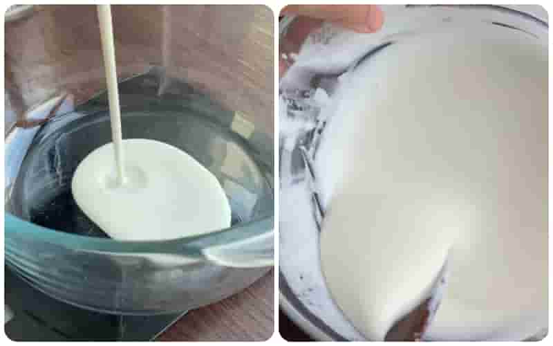 Tiếp đó đánh whipping cream với đường làm lớp kem phủ